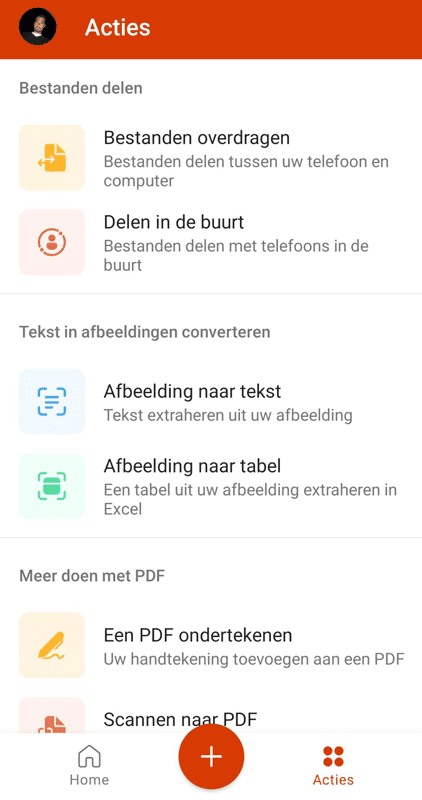 Screenshot Office App Acties